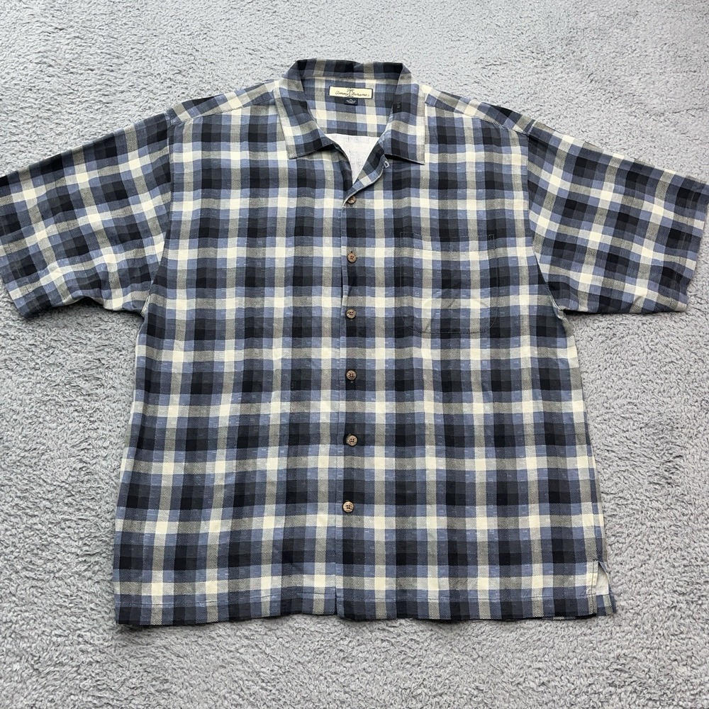 Tommy Bahama 100% Silk Shirt Mens XL Blue Plaid Loop Collar Button‎ Beach